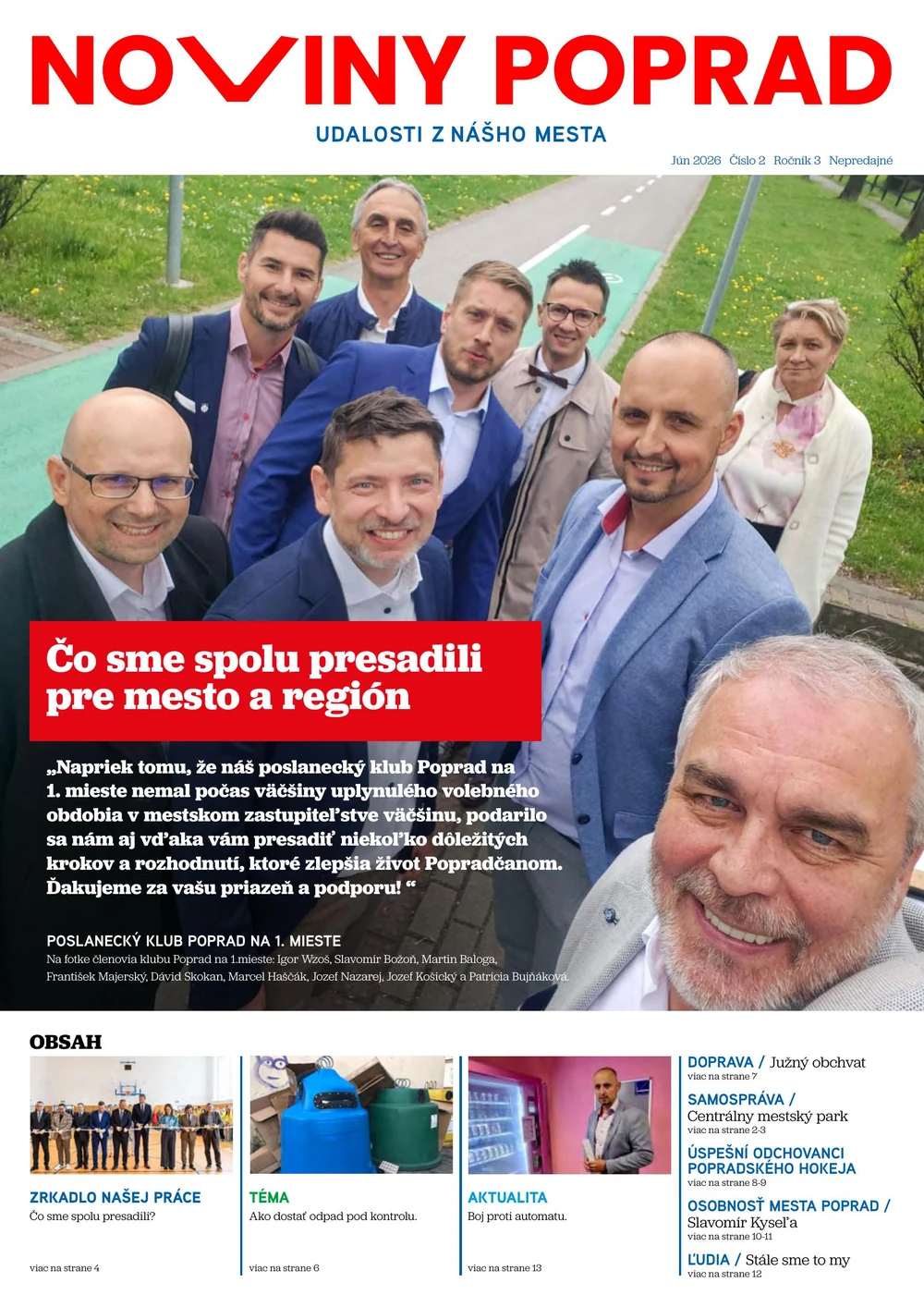 Titulná strana novín POPRAD — jún 2026, poslanecký klub Poprad